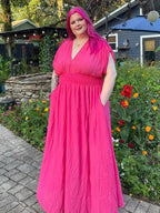 VIP V-Neck Dolman Sleeve Ruched Split Pocket Maxi Dress