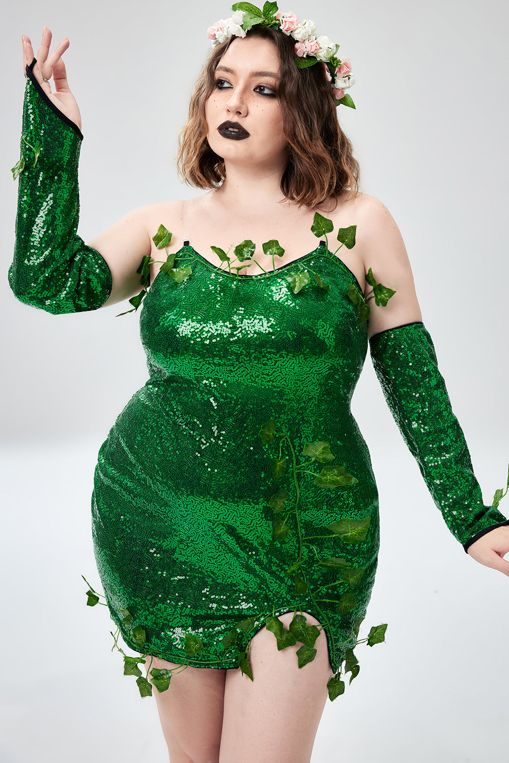 Xpluswear Design Plus Size Halloween Costumes Green Cosplay Sequin Strapless Mini Dress(Ships 24h)