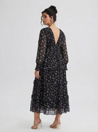 Curveins Plus Size V Neck Long Sleeve Floral Tiered Maxi Dress