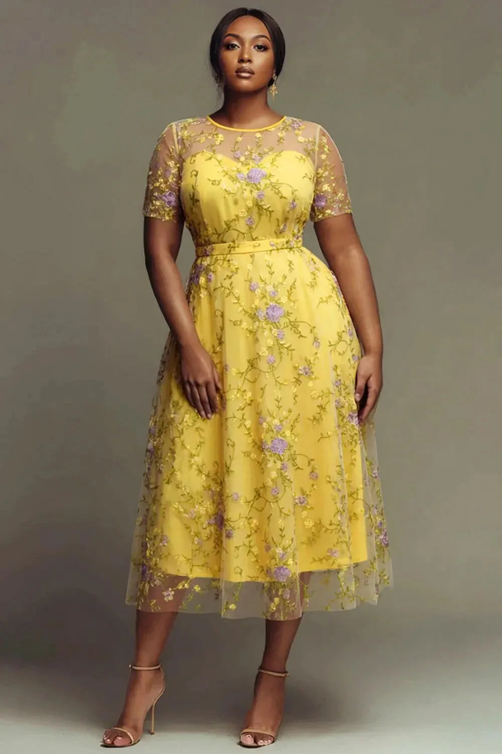 Xpluswear Design Plus Size Cocktail Party Yellow Floral Round Neck Short Sleeve Embroidery See Through Midi Dresses