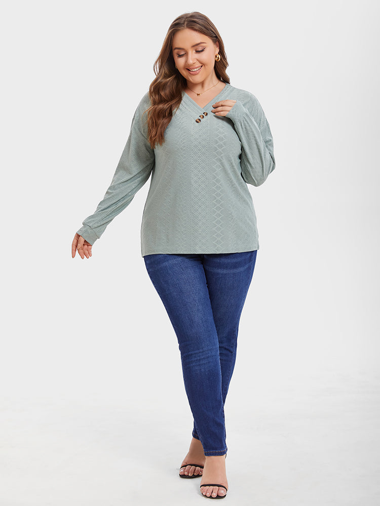 V Neck Solid Button Detail Tee