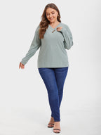 V Neck Solid Button Detail Tee