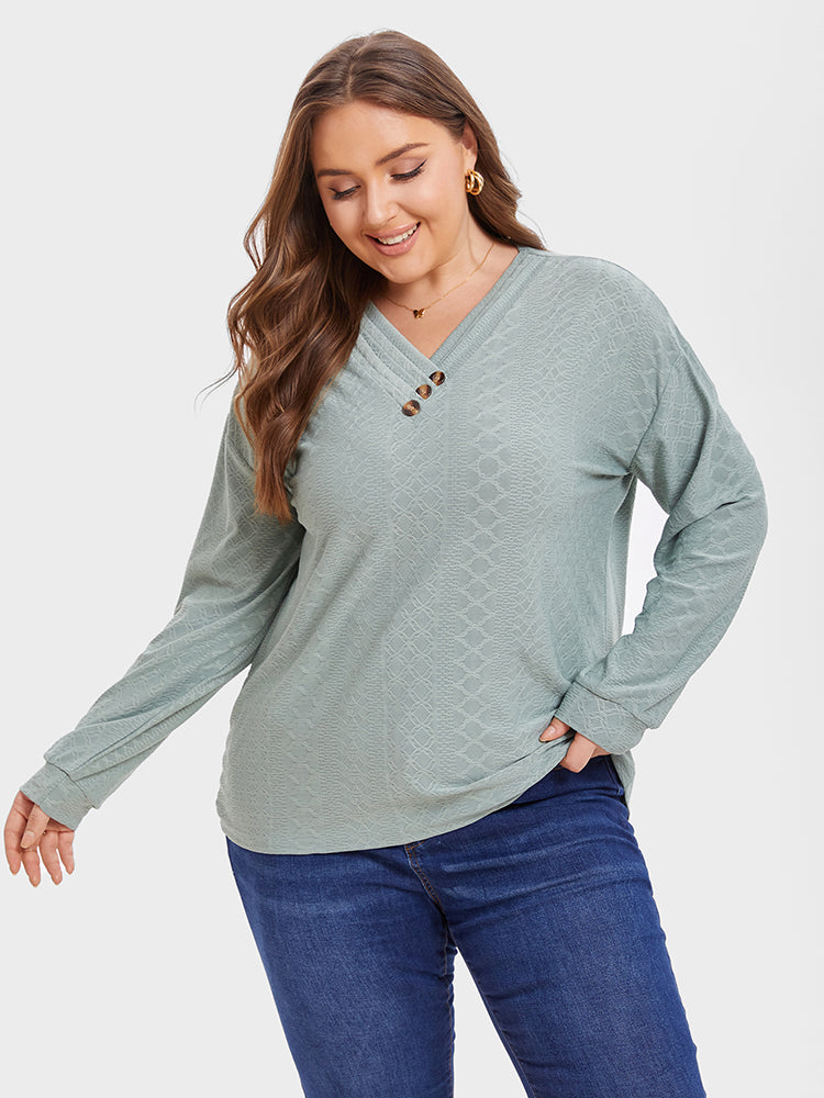 V Neck Solid Button Detail Tee