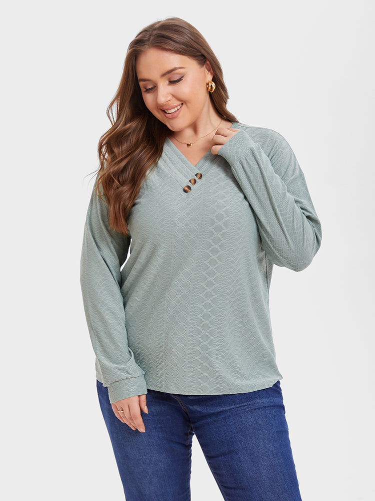 V Neck Solid Button Detail Tee