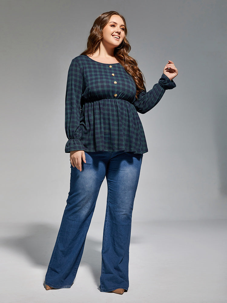 VIP Plus Green Plaid Button Front Elastic Waist Blouses