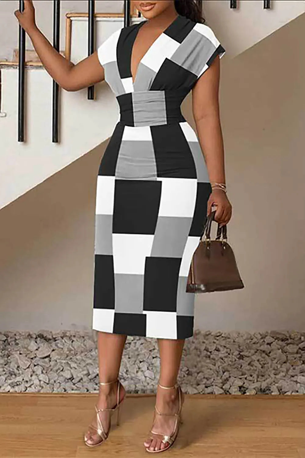 Plus Size Casual Midi Dress Deep Blue Patchwork Spring Summer V Neck Bodycon Midi Dress