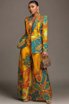 Xpluswear Design Plus Size Formal Yellow African Print Lapel Collar Long Sleeve Pocket Wide Leg Two Piece Pant Suits