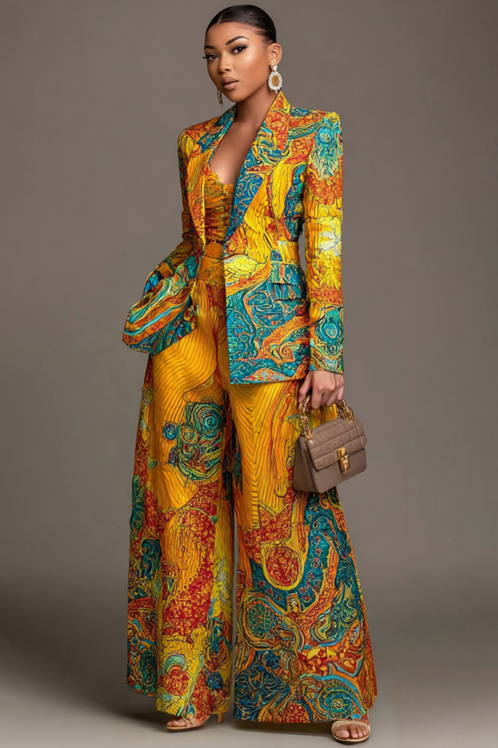 Xpluswear Design Plus Size Formal Yellow African Print Lapel Collar Long Sleeve Pocket Wide Leg Two Piece Pant Suits