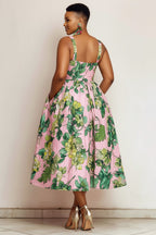 Xpluswear Design Plus Size Vacation Sundress Pink Floral Square Neck Pocket Satin Midi Dresses