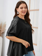 Plus Plain Embroidery Lace Puff Sleeve Ruffle Hem Tee