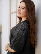 Plus Plain Embroidery Lace Puff Sleeve Ruffle Hem Tee