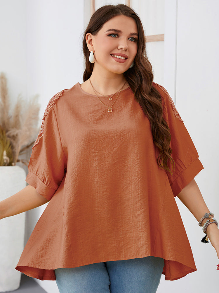 Plus Plain Embroidery Lace Puff Sleeve Ruffle Hem Tee