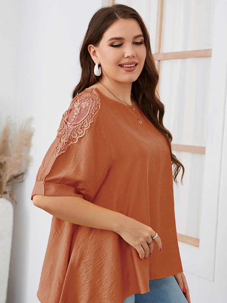 Plus Plain Embroidery Lace Puff Sleeve Ruffle Hem Tee