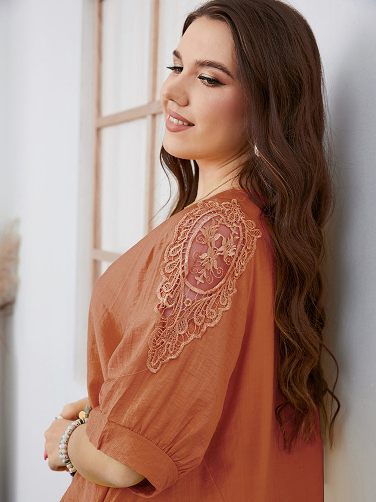 Plus Plain Embroidery Lace Puff Sleeve Ruffle Hem Tee