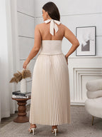 Solid Button Front Vest Jacket & Pleated Skirt Set