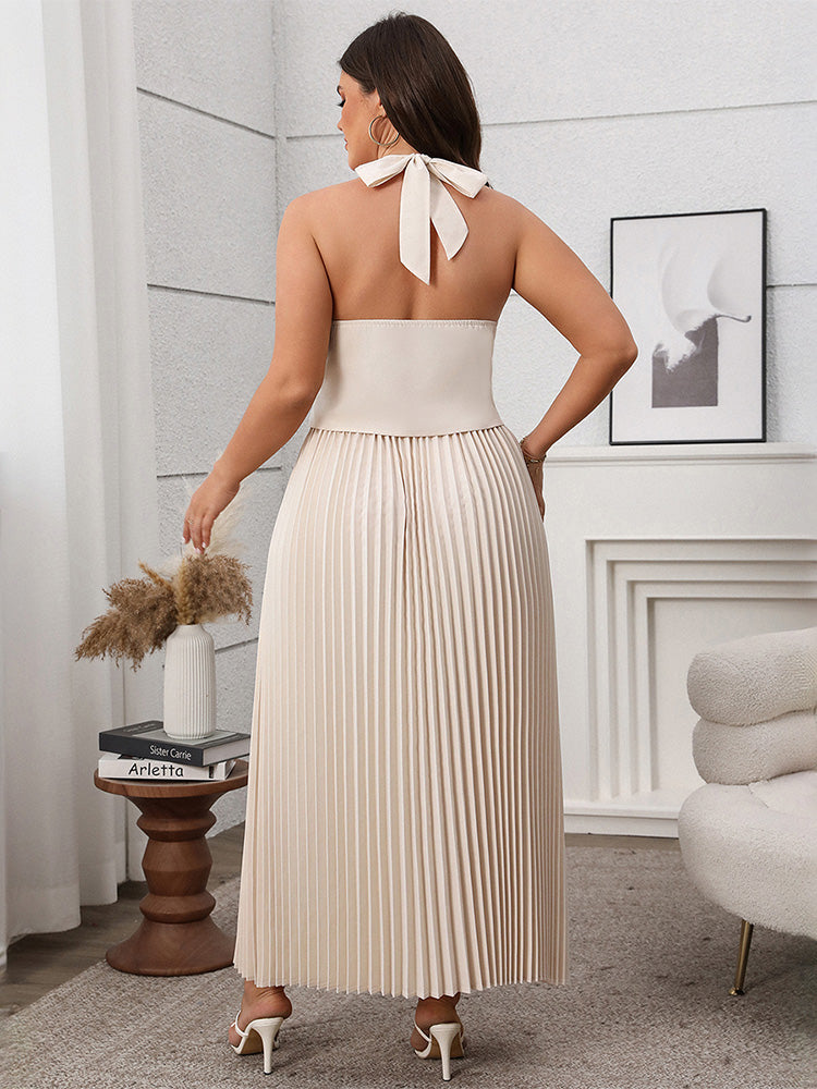 Solid Button Front Vest Jacket & Pleated Skirt Set