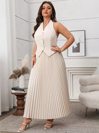 Solid Button Front Vest Jacket & Pleated Skirt Set