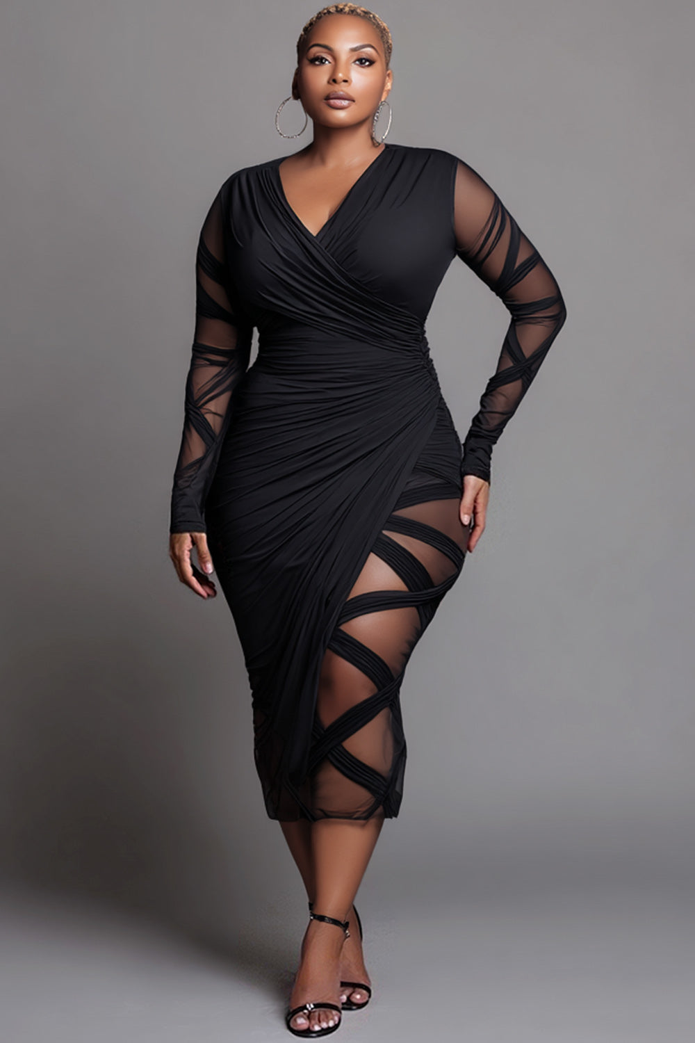 Xpluswear Design Plus Size Party Black Wrap Neck Long Sleeve Bodycon See Through Midi Dresses