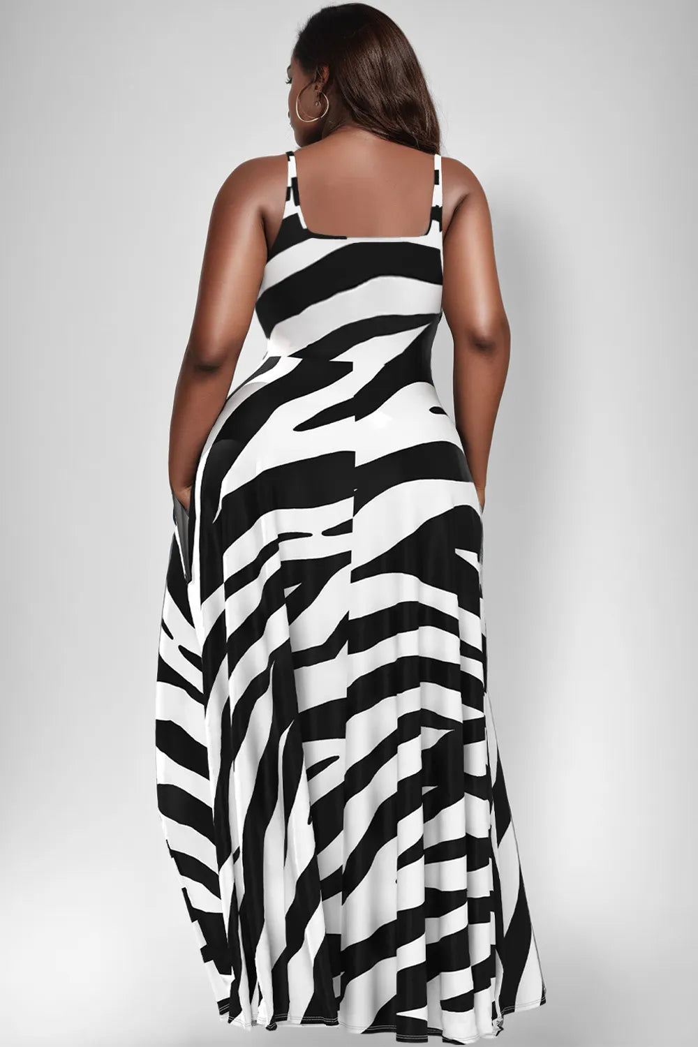 Xpluswear Design Plus Size Daily Black Sundress Zebra Print Round Neck Pocket Maxi Dresses