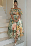 Xpluswear Design Plus Size Cocktail Party Sage Green Floral Off The Shoulder Ruffle Chiffon Maxi Dresses