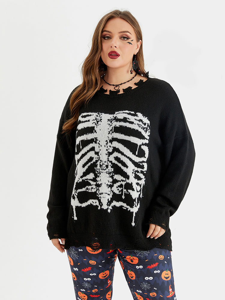 Halloween Skeleton Pattern Distressed Sweater