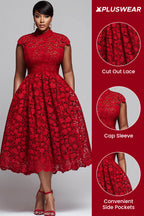 Xpluswear Design Plus Size Red Round Neck Pocket Elegant Cut Out Lace Midi Dresses