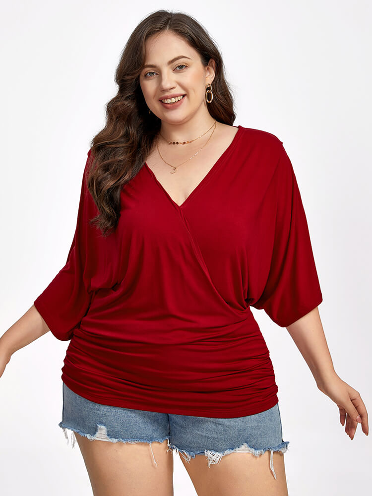 VIP Plus Plain Crisscross V Neck Ruched Hem Tee
