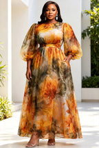 Xpluswear Design Plus Size Formal Orange Floral Round Neck Lantern Sleeve 3/4 Sleeve Pocket Organza Maxi Dresses [Pre-Order]
