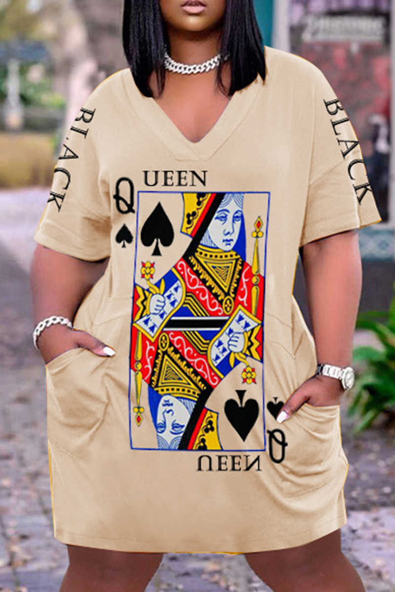 Xpluswear Plus Size Casual Poker Queen Print V Neck Short Sleeve With Pockets Midi Dress