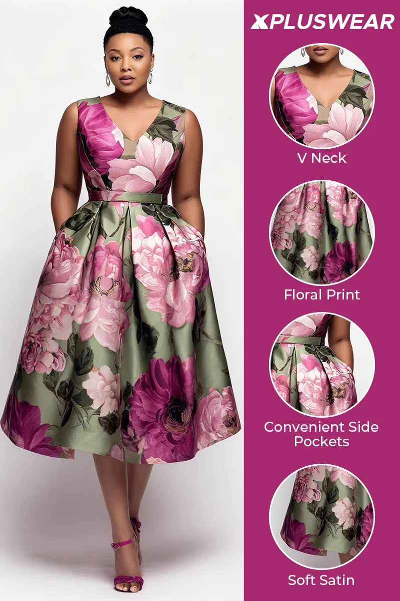 Xpluswear Design Plus Size Cocktail Party Multicolor Floral V Neck Pocket Satin Midi Dresses