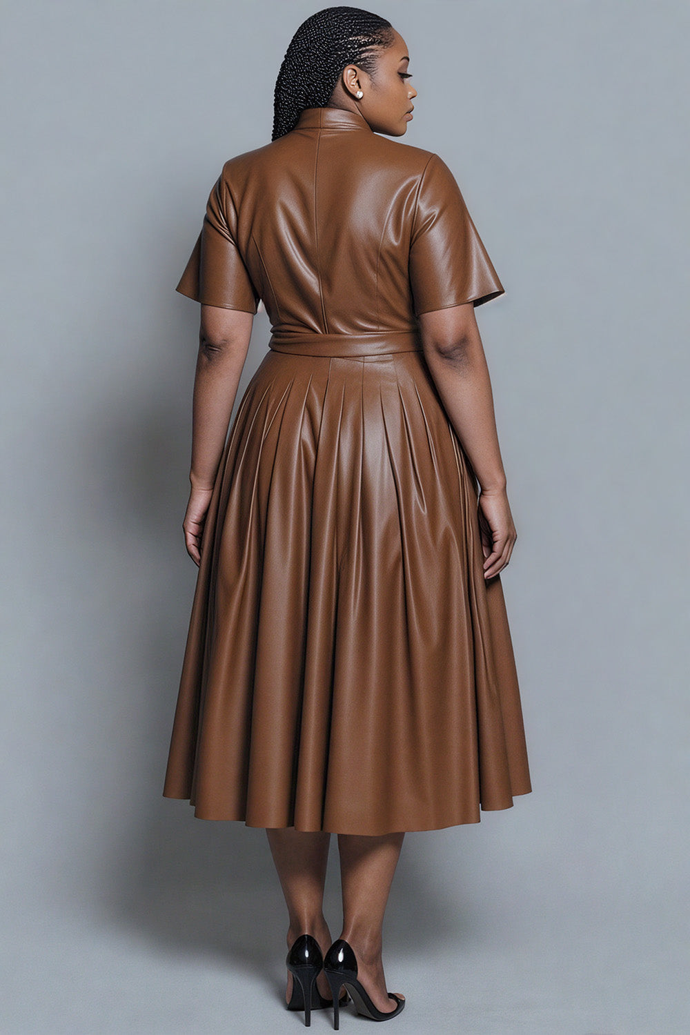 Xpluswear Design Plus Size Business Casual Brown V Neck Short Sleeve Pleated Elegant PU Leather Midi Dresses