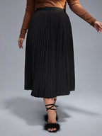 Plus Black Elastic Waist Pleated Skirt