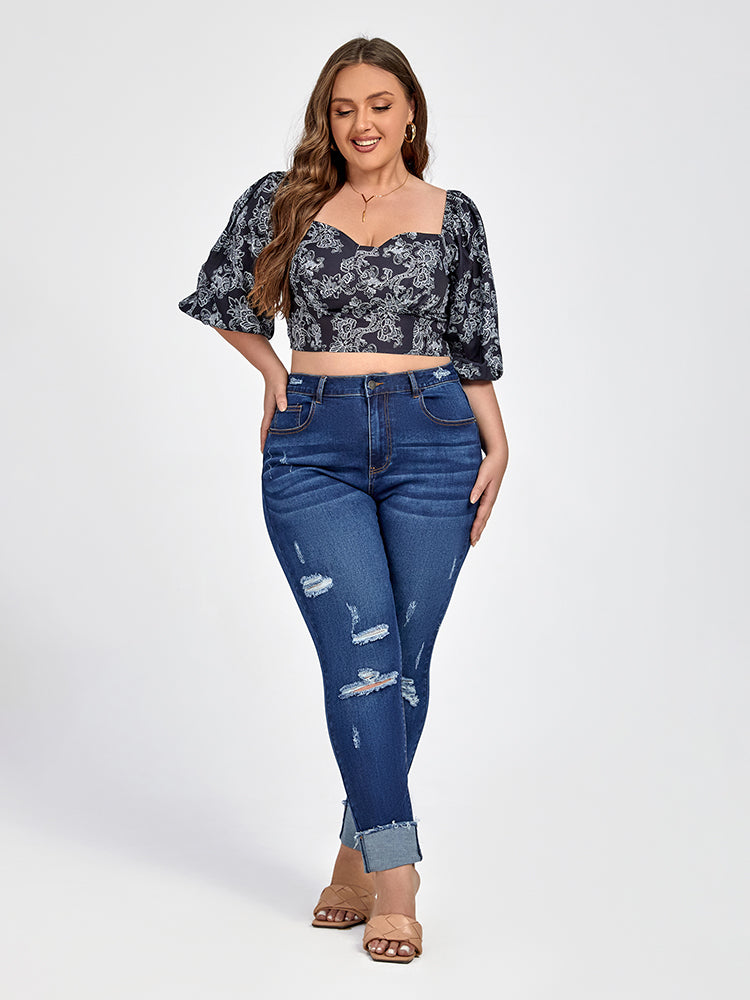 Plus Blue Zipper Fly Ripped Skinny Jeans