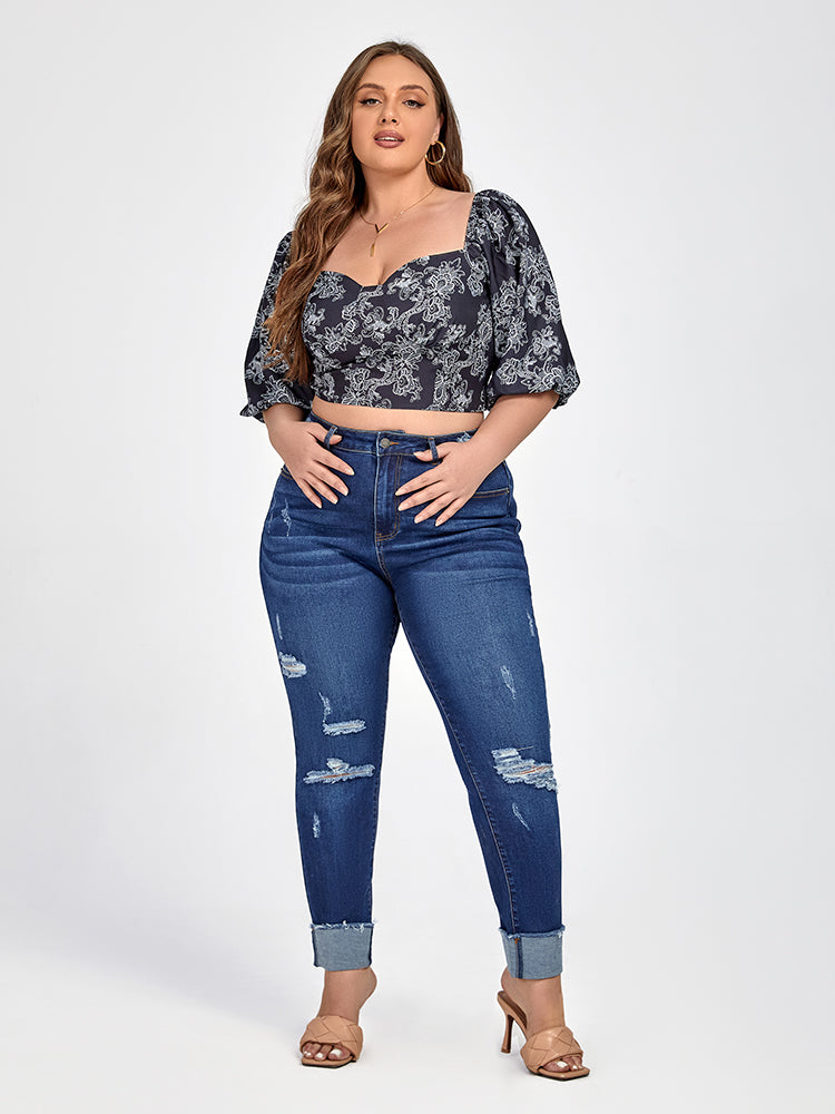 Plus Blue Zipper Fly Ripped Skinny Jeans