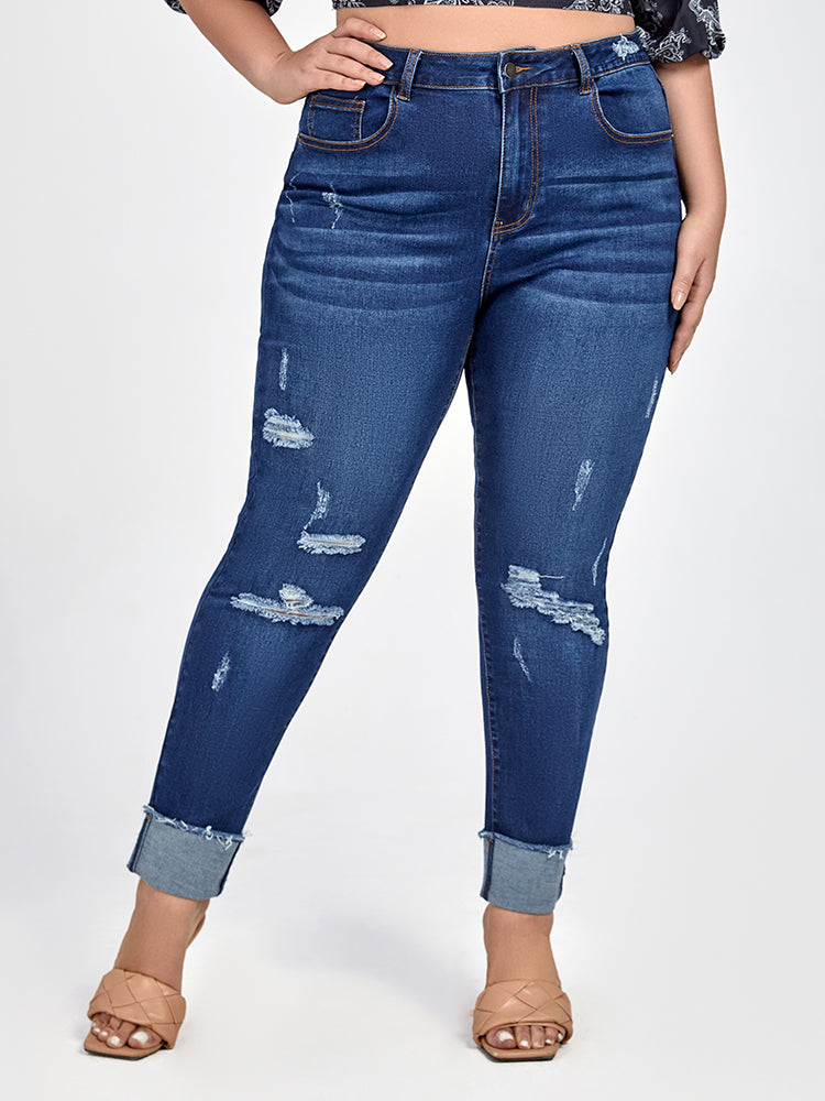 Plus Blue Zipper Fly Ripped Skinny Jeans