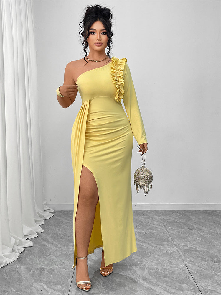 One Shoulder Ruffled Ruched Dress