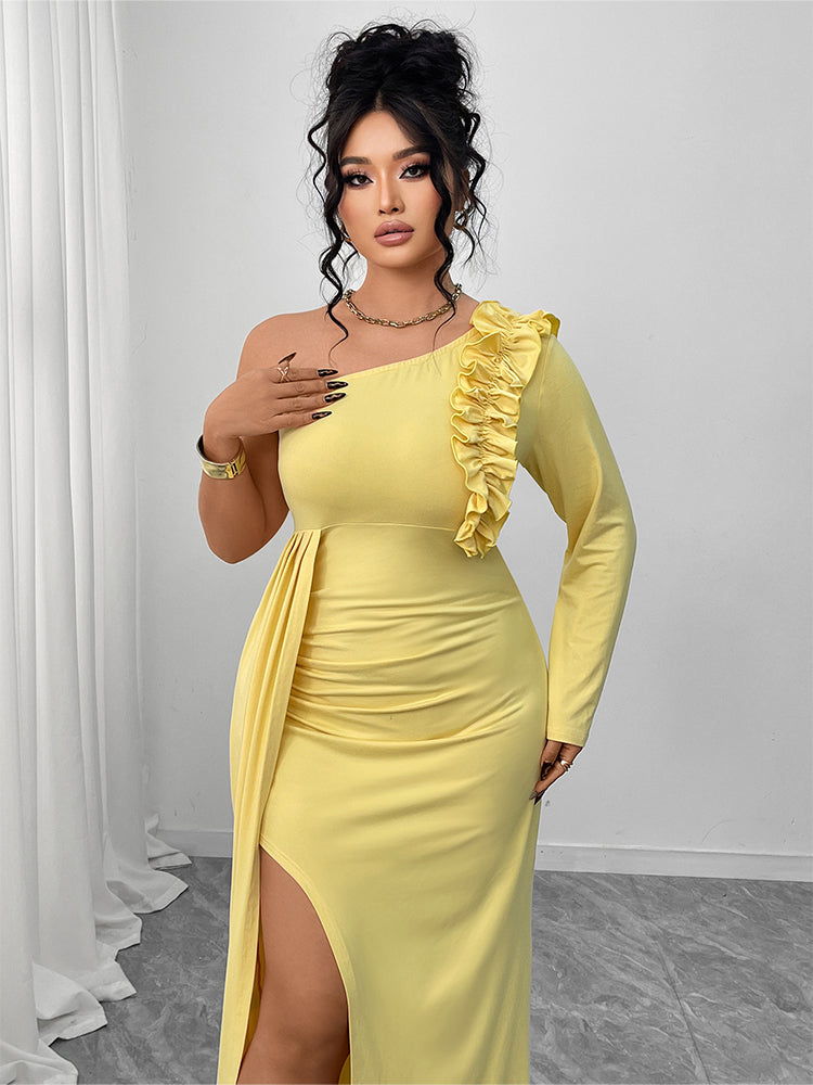 One Shoulder Ruffled Ruched Dress