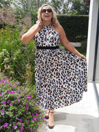 Plus Leopard Print Halter Elastic Waist Maxi Dress