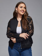 Plus Black Lace Zipper Front Raglan Sleeve Jacket