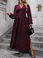 V-Neck Lantern Sleeve Waist Split Maxi Dress