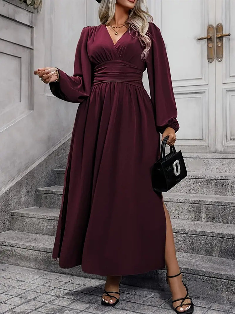 V-Neck Lantern Sleeve Waist Split Maxi Dress