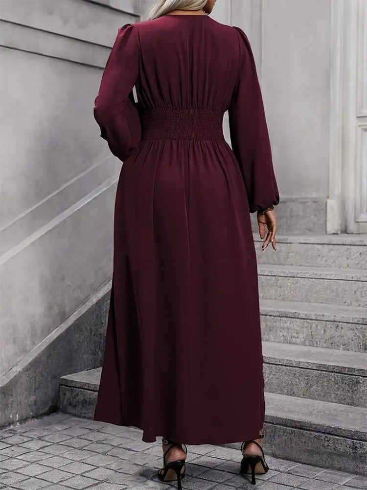 V-Neck Lantern Sleeve Waist Split Maxi Dress