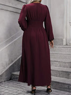 V-Neck Lantern Sleeve Waist Split Maxi Dress
