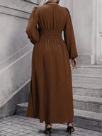 V-Neck Lantern Sleeve Waist Split Maxi Dress