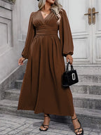 V-Neck Lantern Sleeve Waist Split Maxi Dress