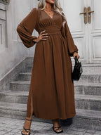 V-Neck Lantern Sleeve Waist Split Maxi Dress