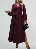 V-Neck Lantern Sleeve Waist Split Maxi Dress