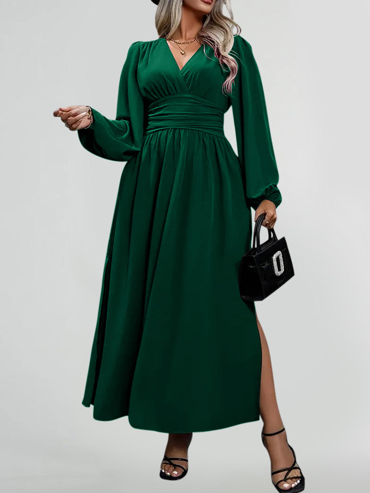 V-Neck Lantern Sleeve Waist Split Maxi Dress