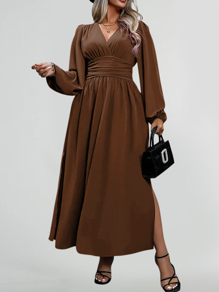 V-Neck Lantern Sleeve Waist Split Maxi Dress