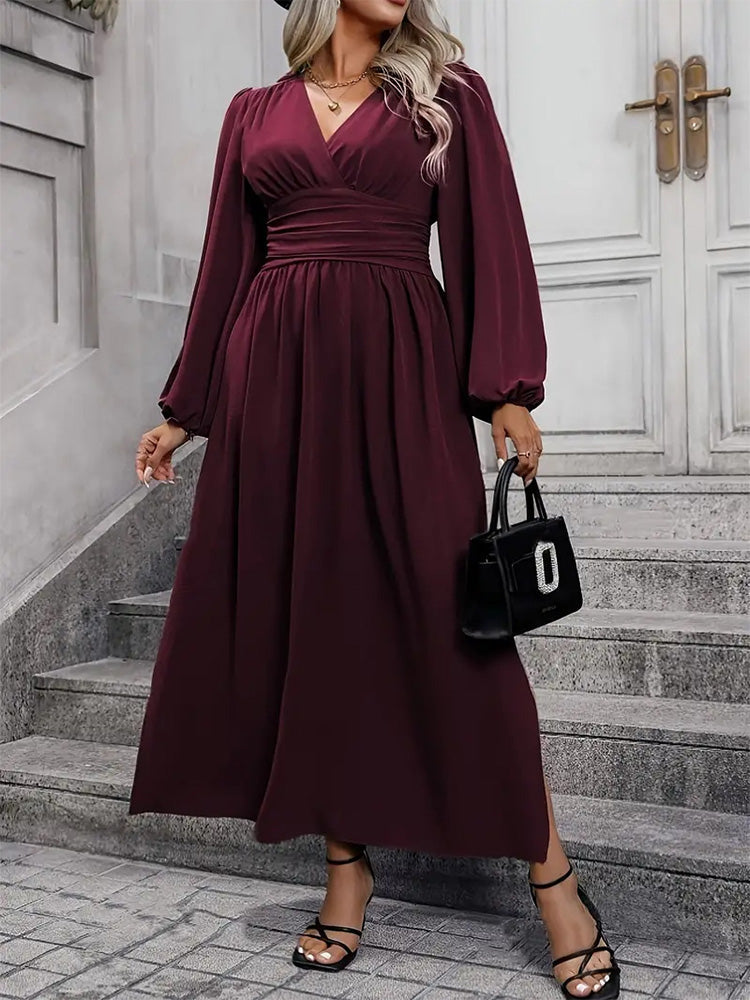 V-Neck Lantern Sleeve Waist Split Maxi Dress